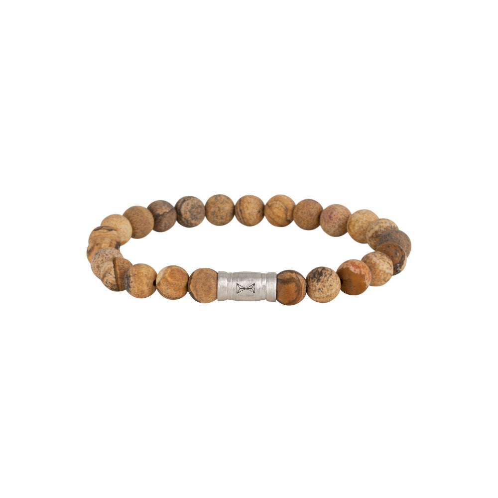 Heren kralen armband van 8mm met natuurlijke houten kralen en een zilveren tussenstuk.