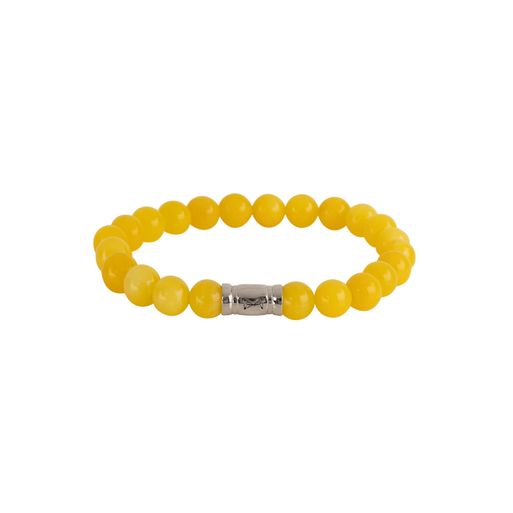 Geel armband van 8 mm stenen met een zilveren tussenstuk.