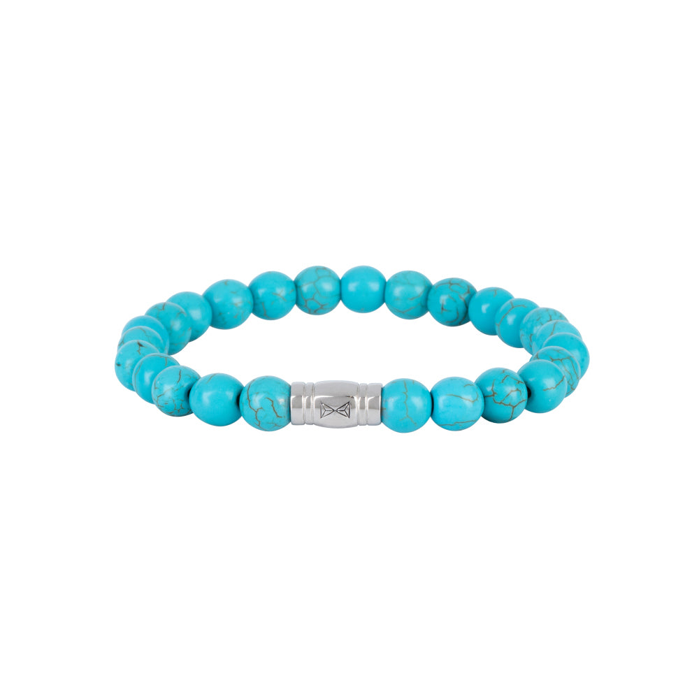 Kralen armband voor heren met 8 mm turquoise kralen en een zilveren sluiting.