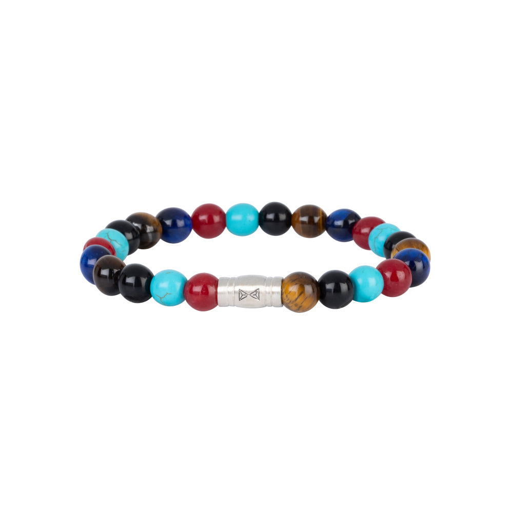 Kralenarmband met 8 mm gekleurde stenen in blauw, rood, zwart en bruin, afgewerkt met een zilveren detail.
