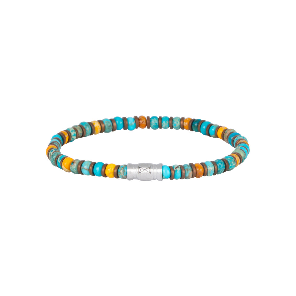 Turquoise armband van 4 mm met kleurrijke kralen in turquoise, oranje en bruin, afgewerkt met een zilveren sluiting.