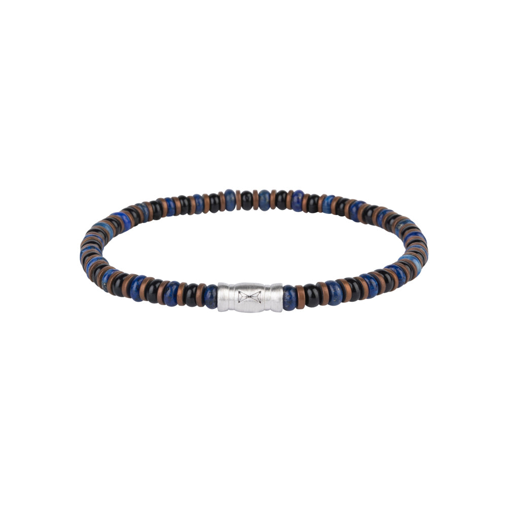 Kralen armband voor heren met 4mm gekleurde kralen in bruin en blauw, afgewerkt met een zilveren sluiting.