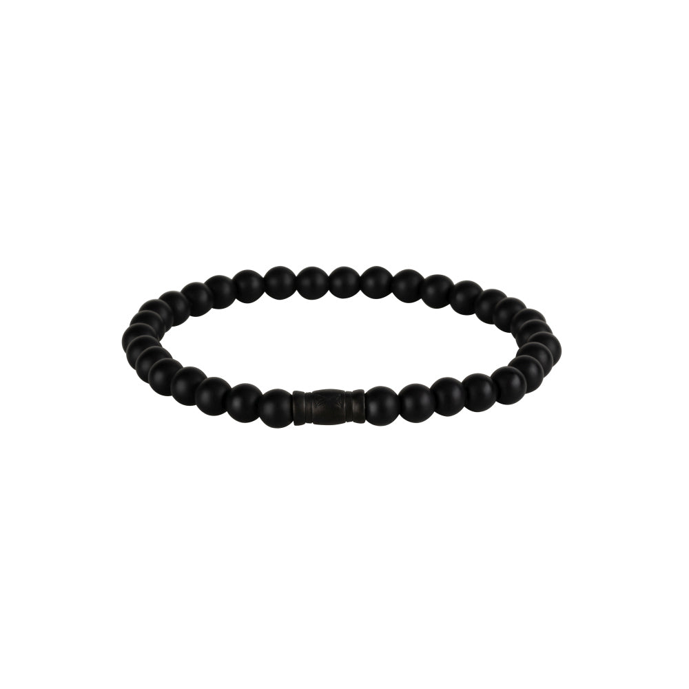 Zwarte kralen armband voor heren van 6 mm met een centrale, decoratieve schakel.