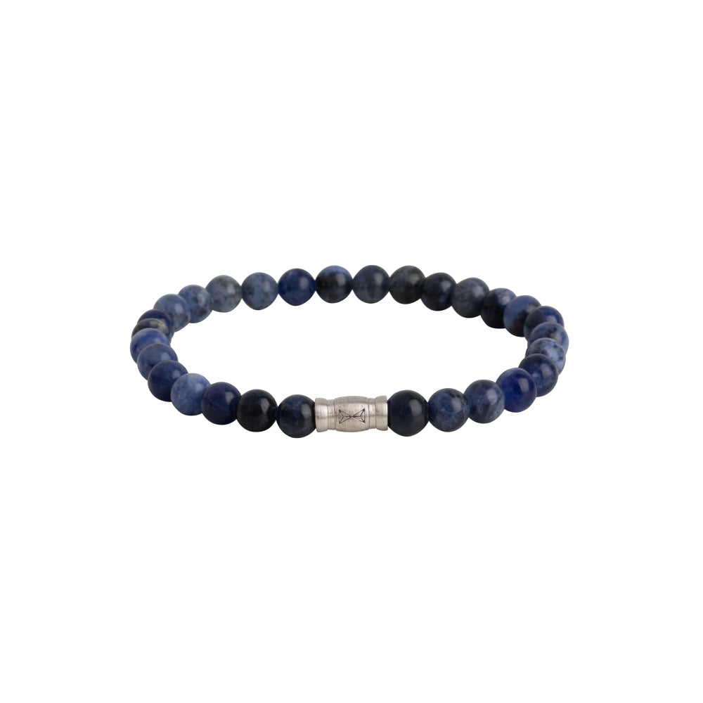 Kralen armband voor heren met 6mm blauwe stenen en een zilveren tussenstuk.