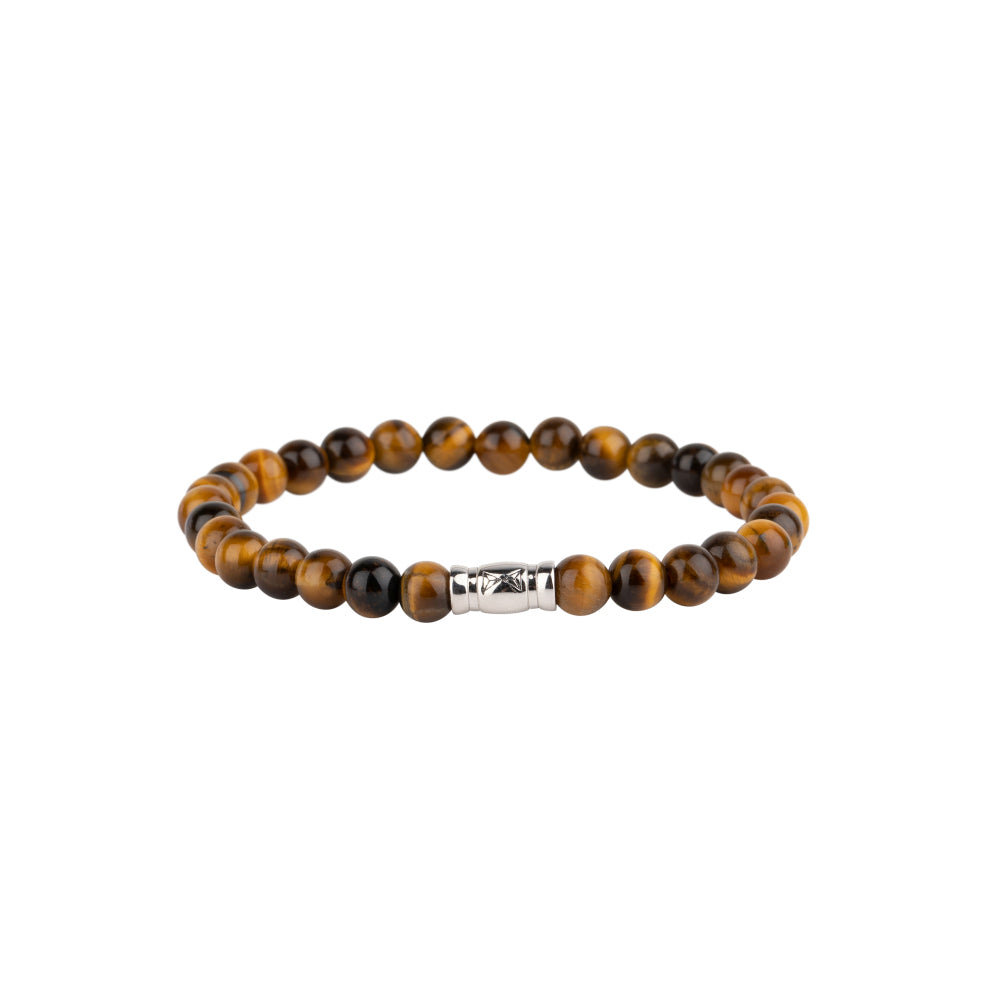 Kralen armband voor heren van 6mm met tijgeroog kralen en een zilveren tussenstuk.