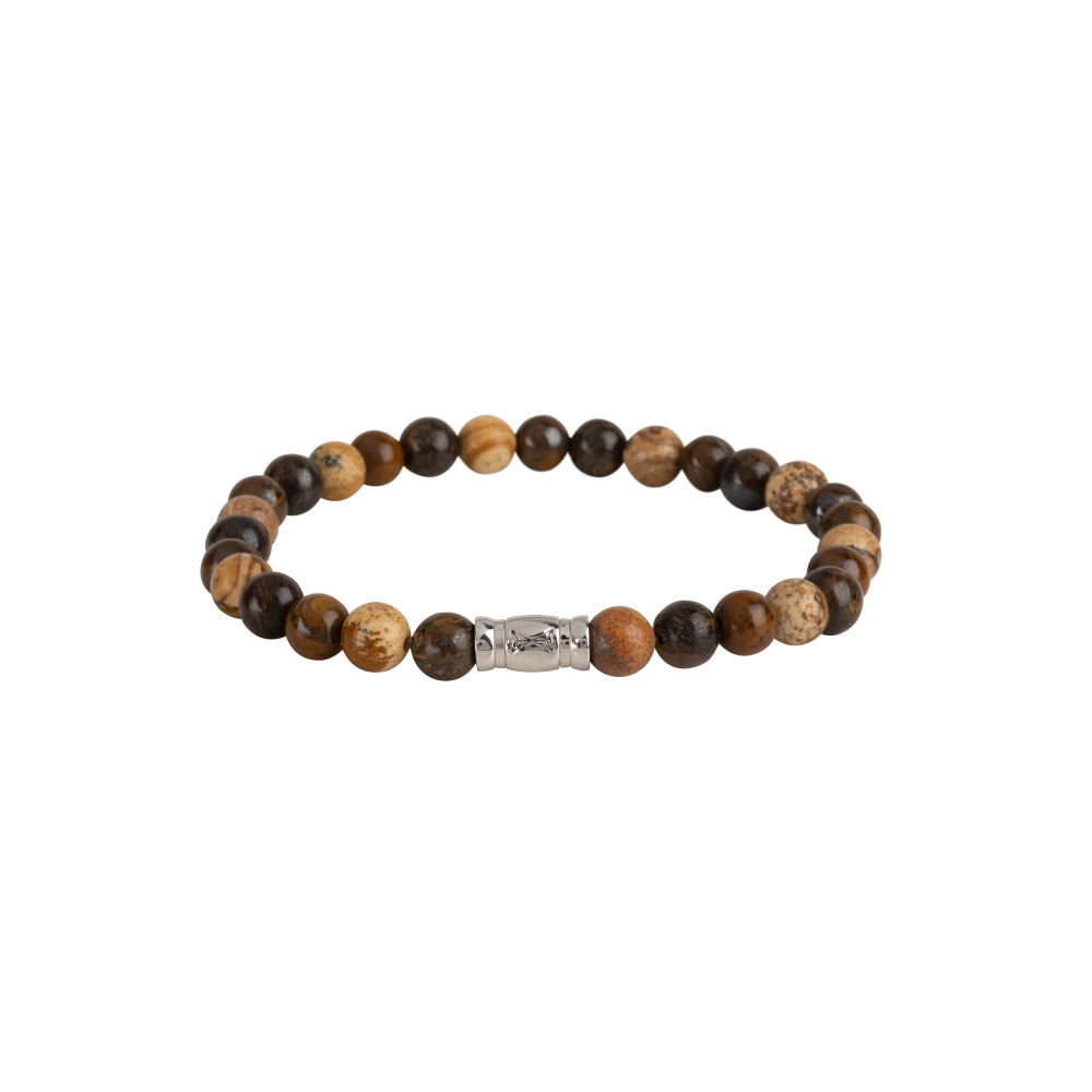 De Kralen armband Olympus van AZE Jewels heeft ronde, gepolijste stenen van 6 mm in bruine en beige tinten en een gegraveerde cilindervormige sluiting in Zilver (925), perfect voor dames die op zoek zijn naar elegantie.