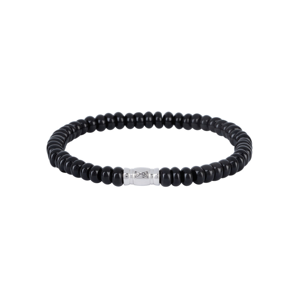 Zwarte kralen armband voor heren met 6 mm agaat kralen en een zilveren tussenstuk.