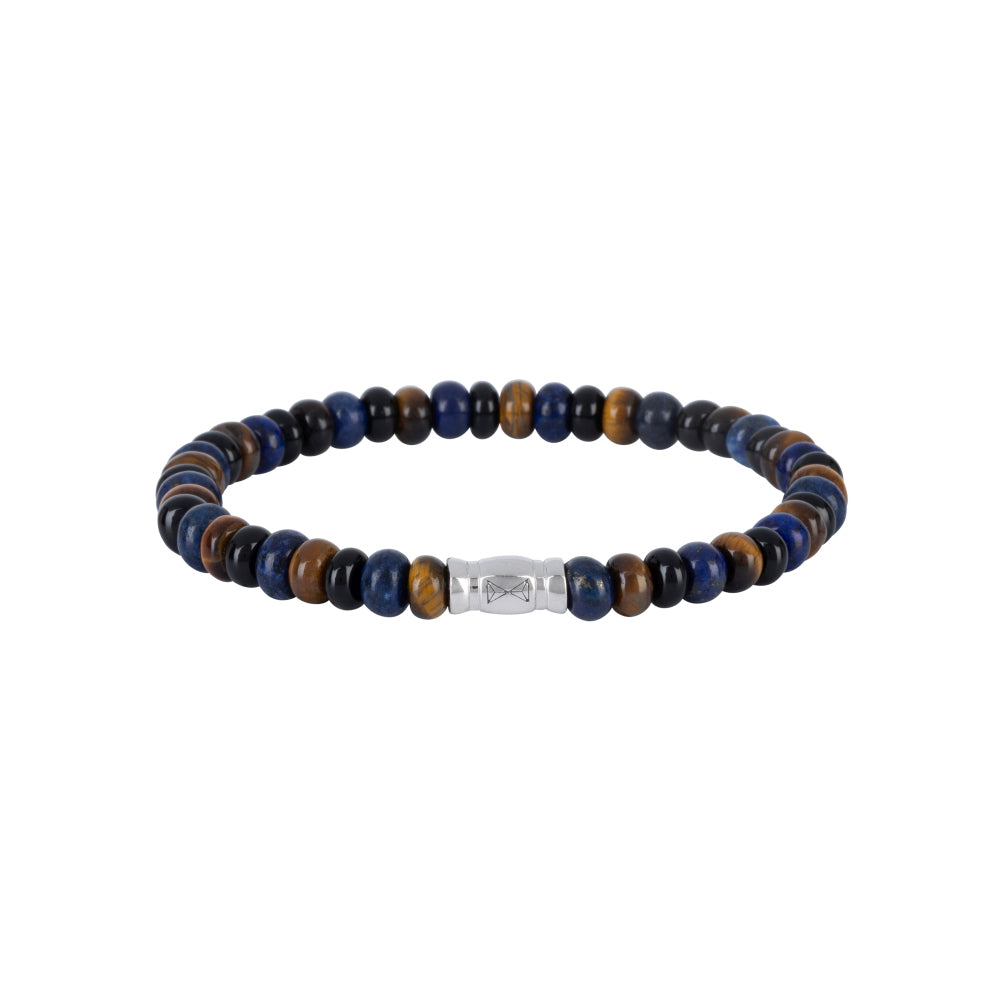Kralen armband met ovale 6mm kralen in blauw, bruin en zwart, afgewerkt met een zilveren sluiting.