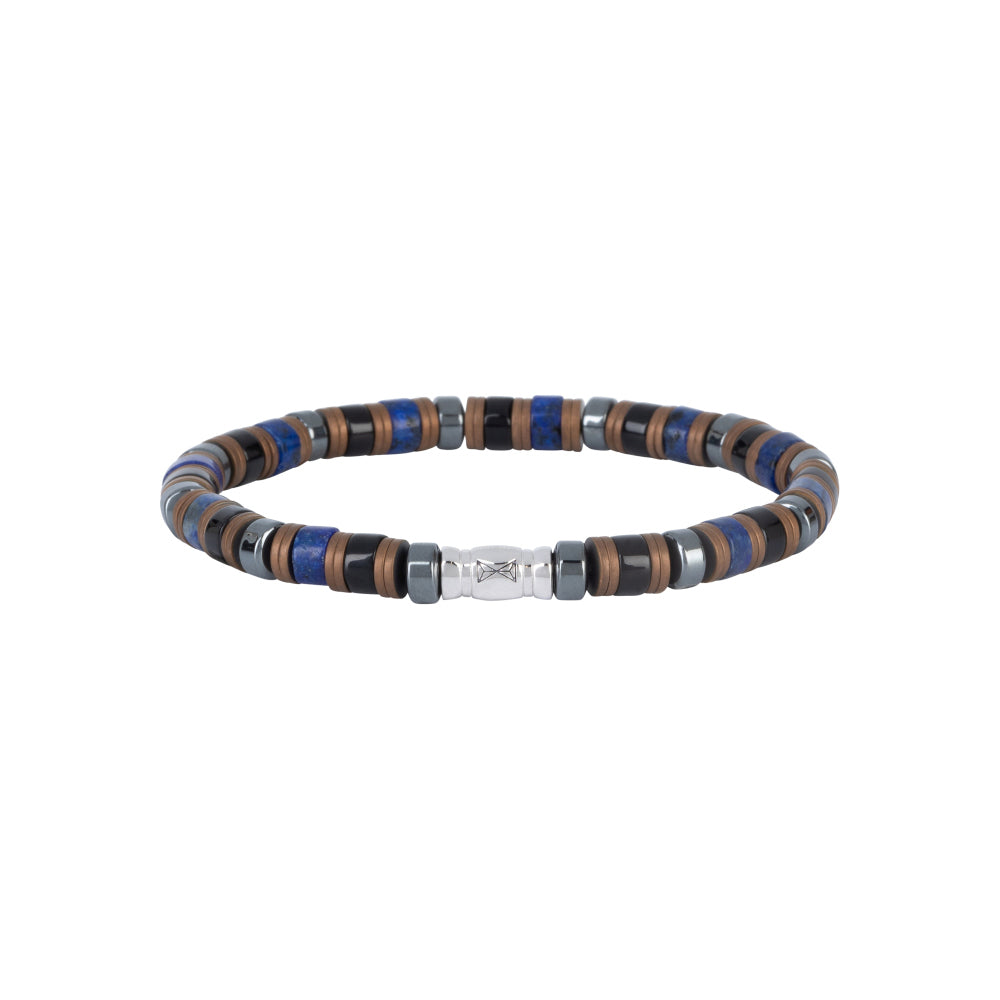 Kralen armband voor heren met 6mm disc-kralen in bruin, blauw en zwart, afgewerkt met een zilveren tussenstuk.