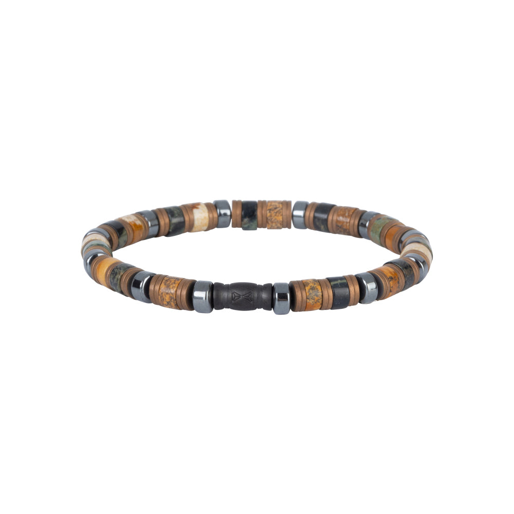 Houten armband met metalen accenten en een diameter van 6 mm.