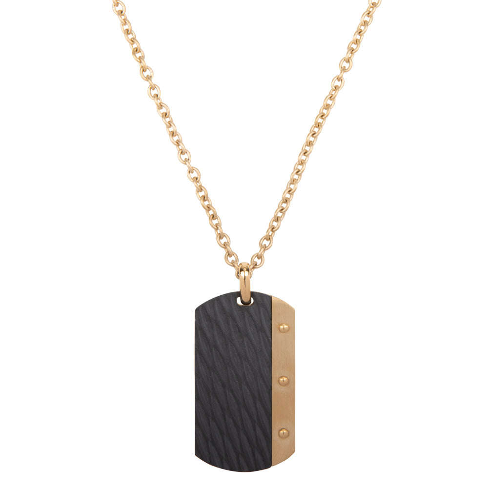 Gouden ketting met dogtag, zwart metaal en drie opvallende details aan de zijkant.