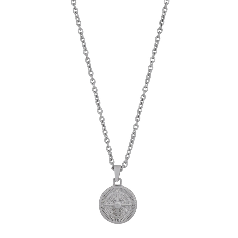 Zilveren herenketting met een ronde hanger met kompasontwerp.