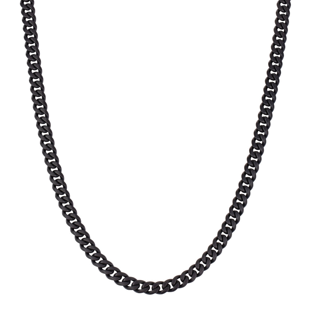 De ketting Gourmette Eight - Noir van AZE Jewels heeft in elkaar grijpende zwarte schakels van duurzaam RVS 316L, gecentreerd tegen een witte achtergrond die het moderne en strakke design accentueert.