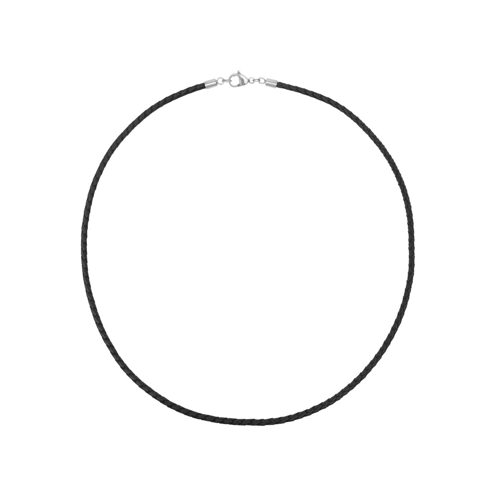 Zwart leren koord van 3 mm, 50 cm lang, met een zilveren sluiting.