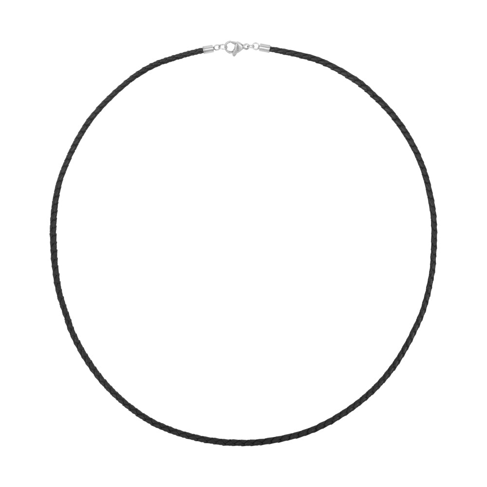 Zwarte leren koord van 3 mm, 60 cm lang, met een zilverkleurige sluiting.