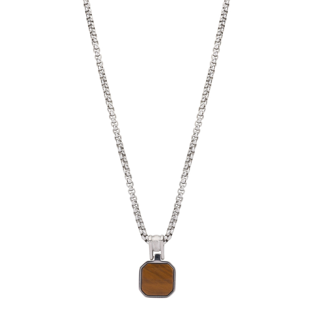 Zilveren rolo ketting met een octagonale hanger van tijgeroog.