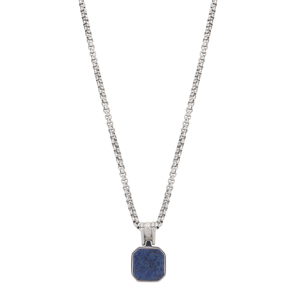 Zilveren rolo ketting met een octagonale hanger van lapis lazuli.