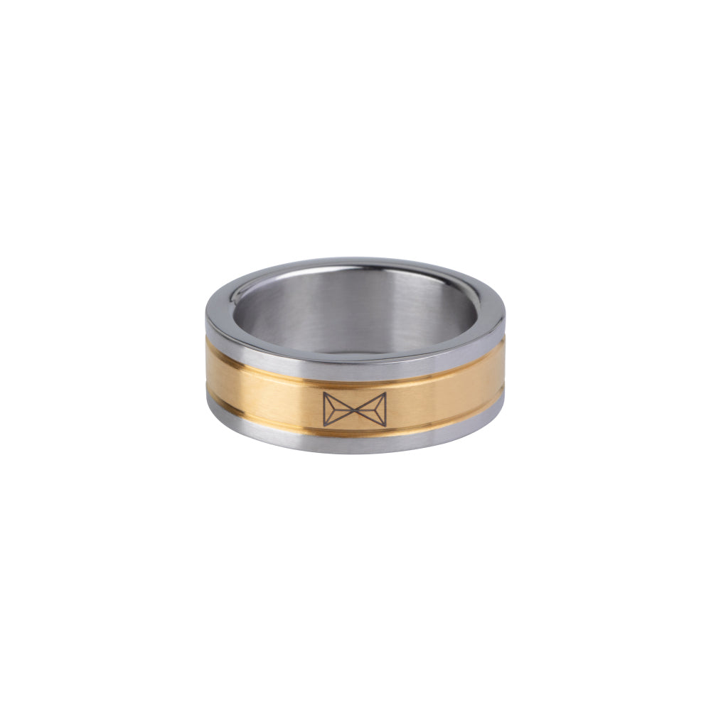 Ring in twee kleuren, met een zilveren inox basis en een gouden band, versierd met een strikmotief.