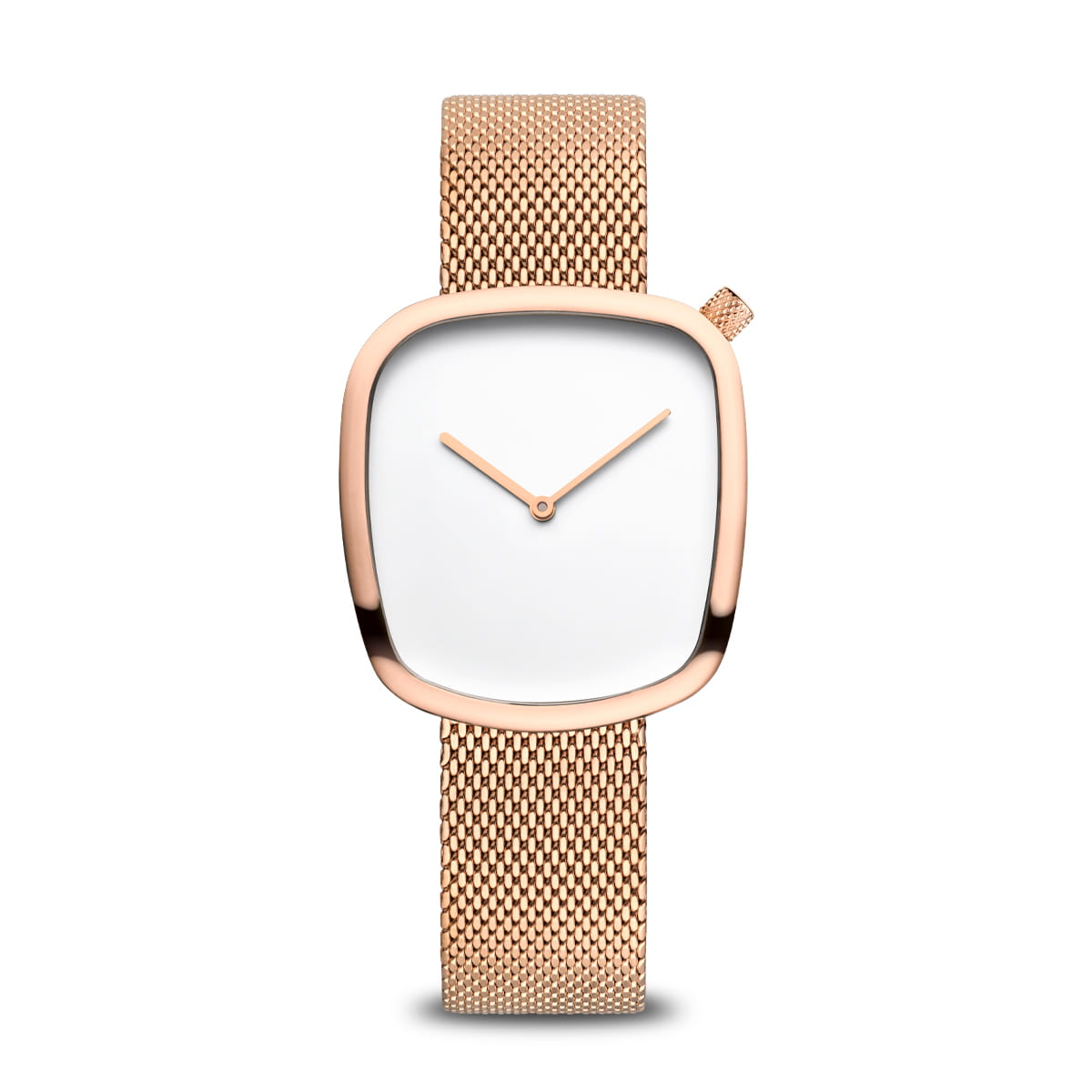 Roségouden horloge met een vierkante kast en een mesh-band, voorzien van een witte wijzerplaat en twee wijzers.