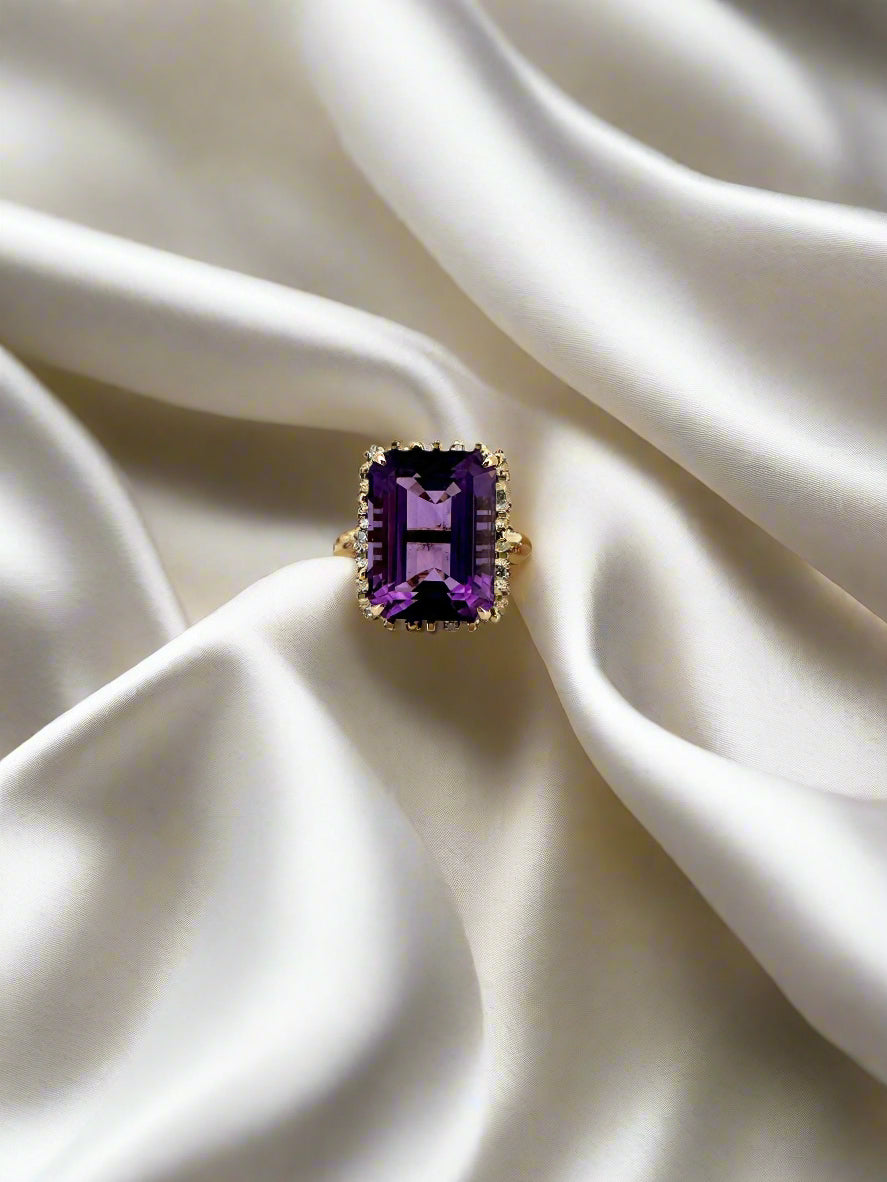 vintage gouden ring amethyst en diamant 14k 10.7gr