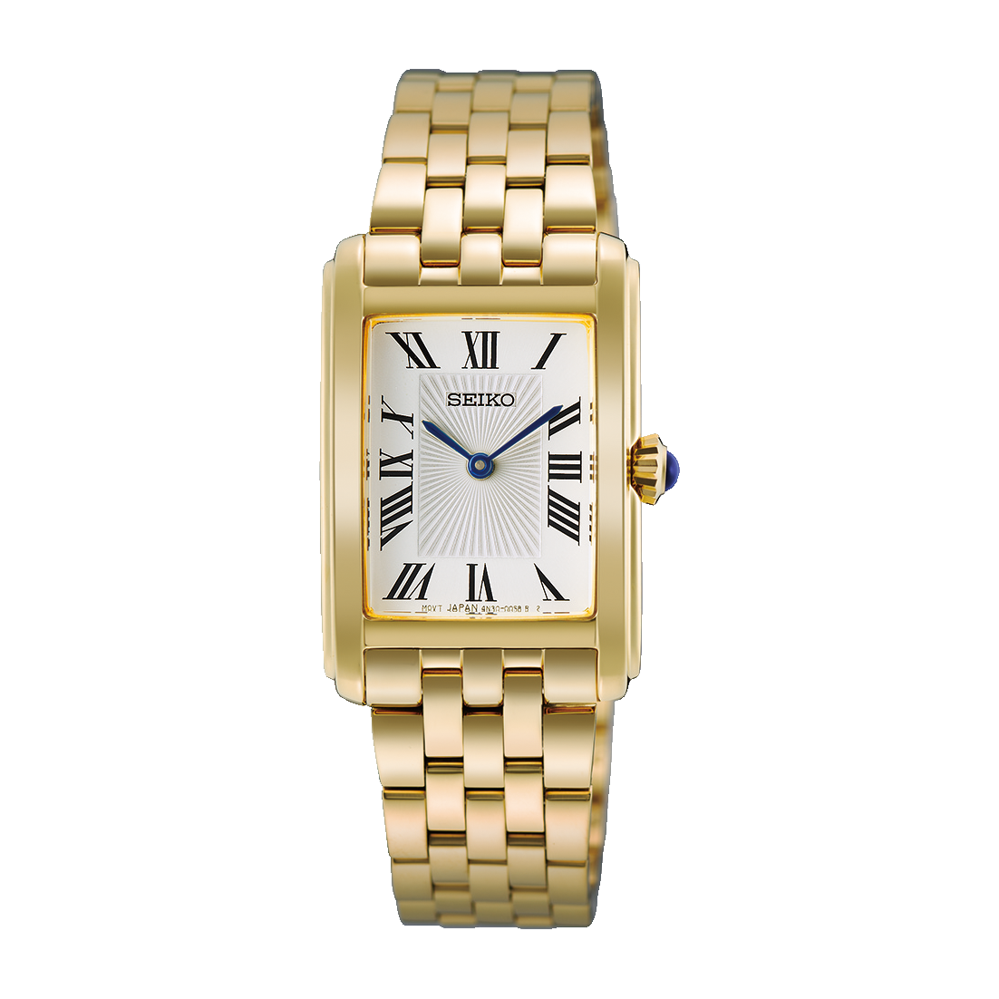 Gouden horloge met rechthoekige kast, witte wijzerplaat en Romeinse cijfers, voorzien van een schakelband.