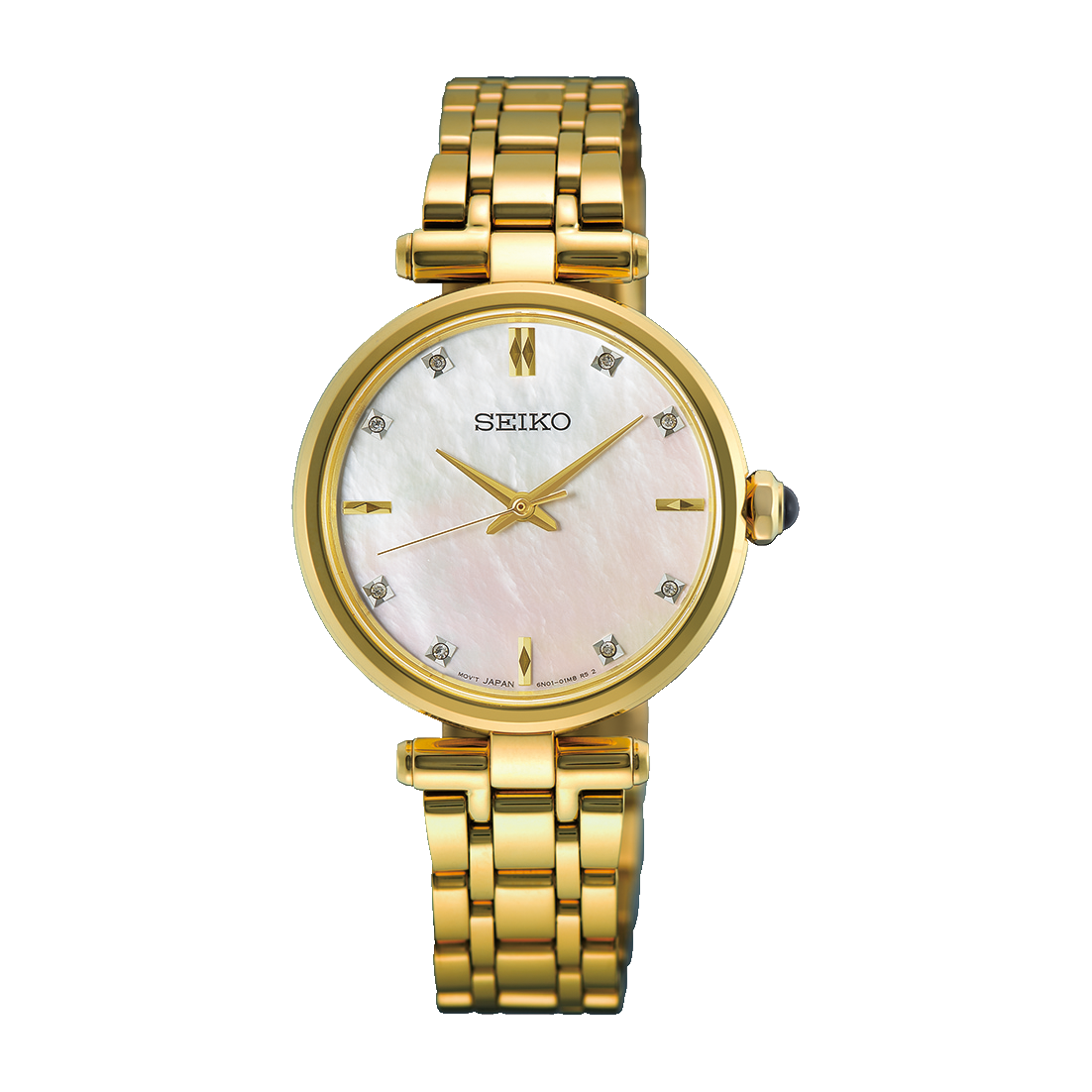 Gouden horloge met een parelmoeren wijzerplaat en een schakelband.