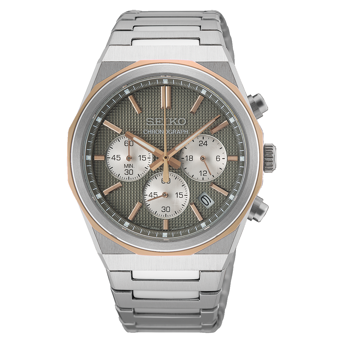 Stalen chronograaf met grijze wijzerplaat, roségouden details en een schakelband.