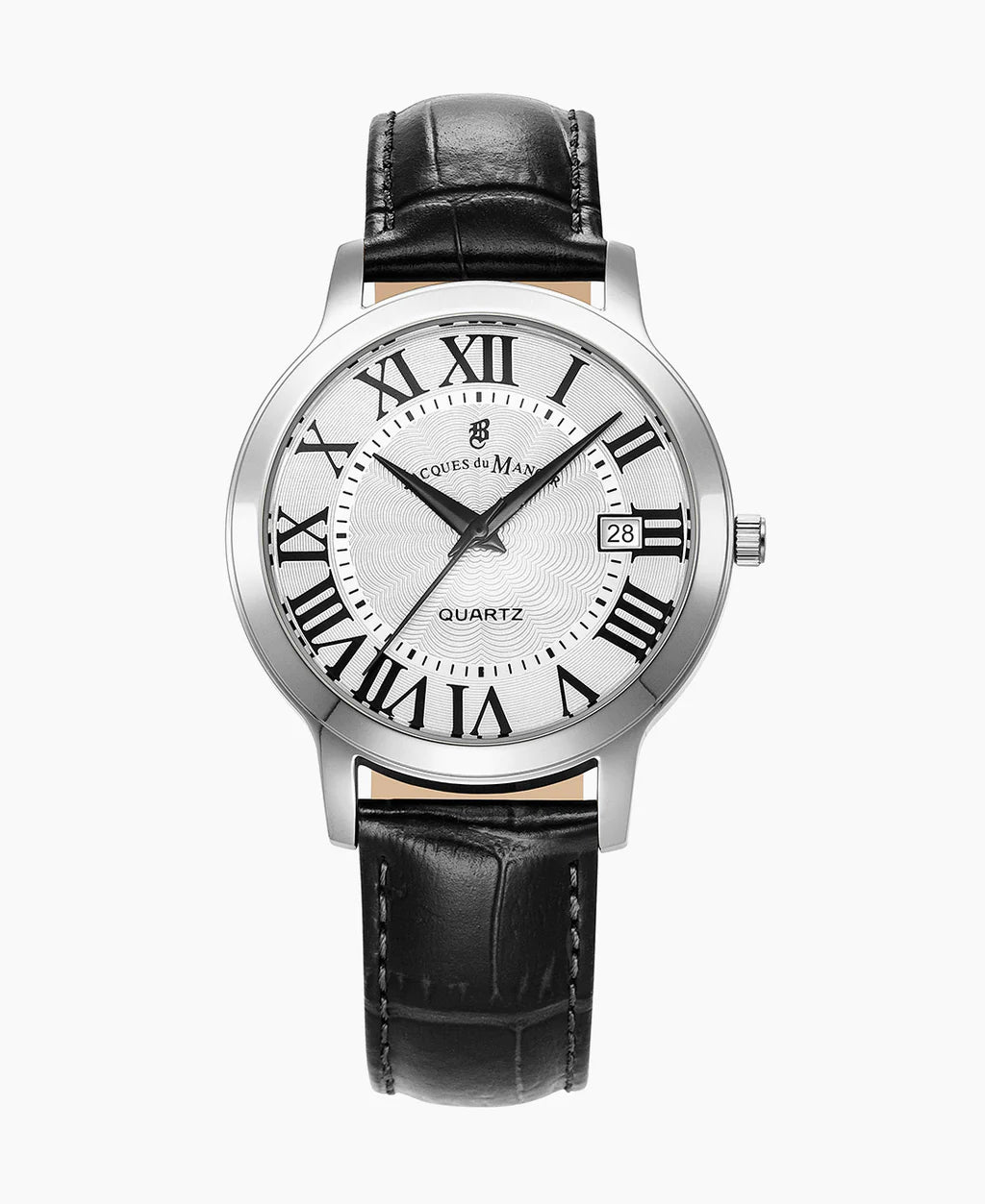 Zilveren horloge met witte wijzerplaat, Romeinse cijfers en zwarte leren band.