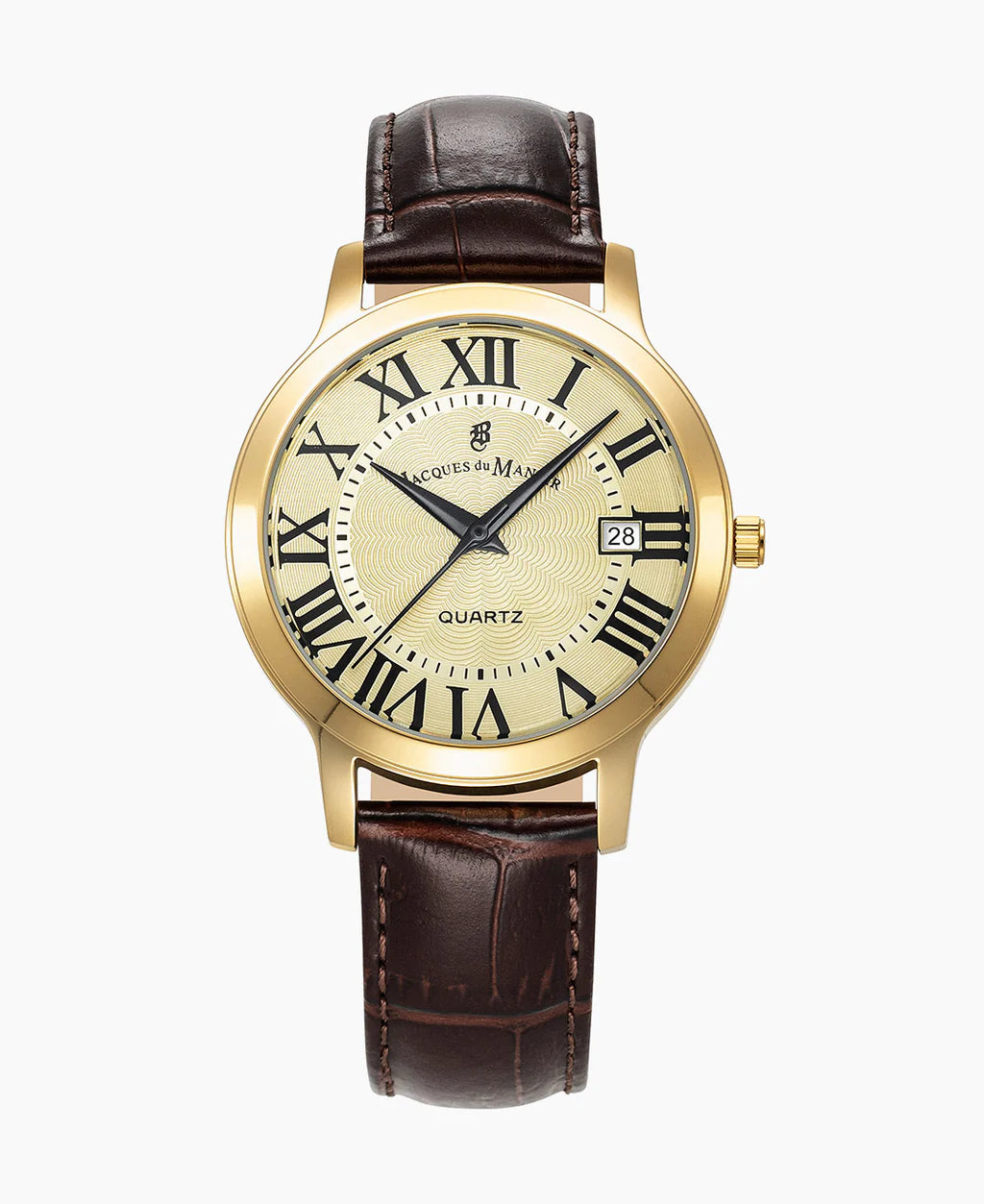 Gouden horloge met een beige wijzerplaat, Romeinse cijfers en een bruine leren band.