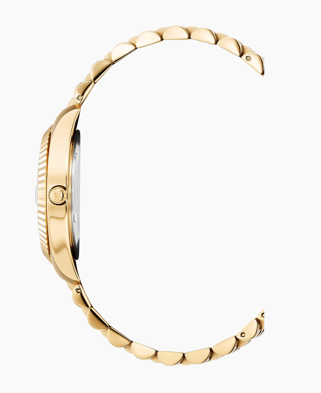 Zijaanzicht van de Jacques Du Manoir Inspiration 31mm dameshorloge met een geschulpte schakelarmband, open weergegeven in een bijna volledige cirkel tegen een witte achtergrond. Dit elegante goudkleurige horloge meet 31mm.
