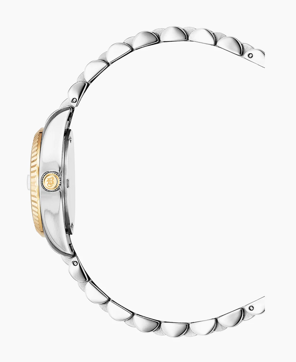 Zijaanzicht van het Jacques Du Manoir Inspiration Classic horloge voor dames, met een zilverkleurig gepolijste metalen band met afgeronde schakels, goudkleurige kroon en Quartz-uurwerk, weergegeven in een halfronde vorm op een witte achtergrond.