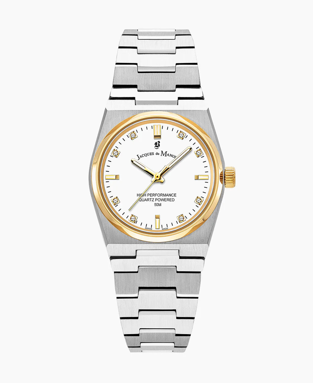 Zilveren horloge met gouden accenten, witte wijzerplaat en een metalen schakelband.