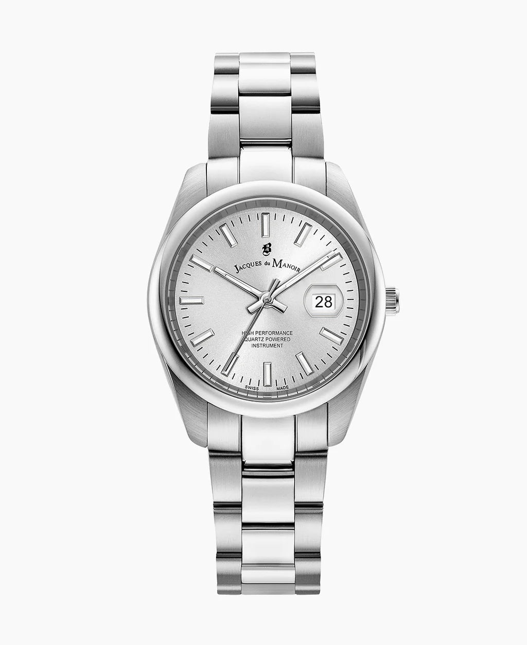 Zilveren horloge met een witte wijzerplaat, datumschaal en een metalen schakelband.