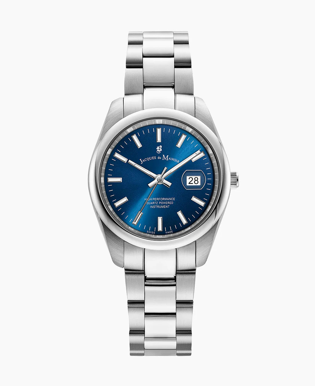 Zilveren horloge met een blauwe wijzerplaat, datumschaal en een metalen schakelband.