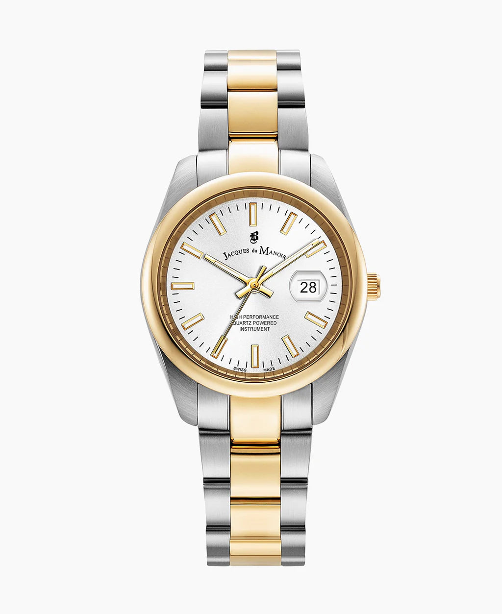 Stalen horloge met een zilveren en gouden schakelband, witte wijzerplaat en datumaanduiding.