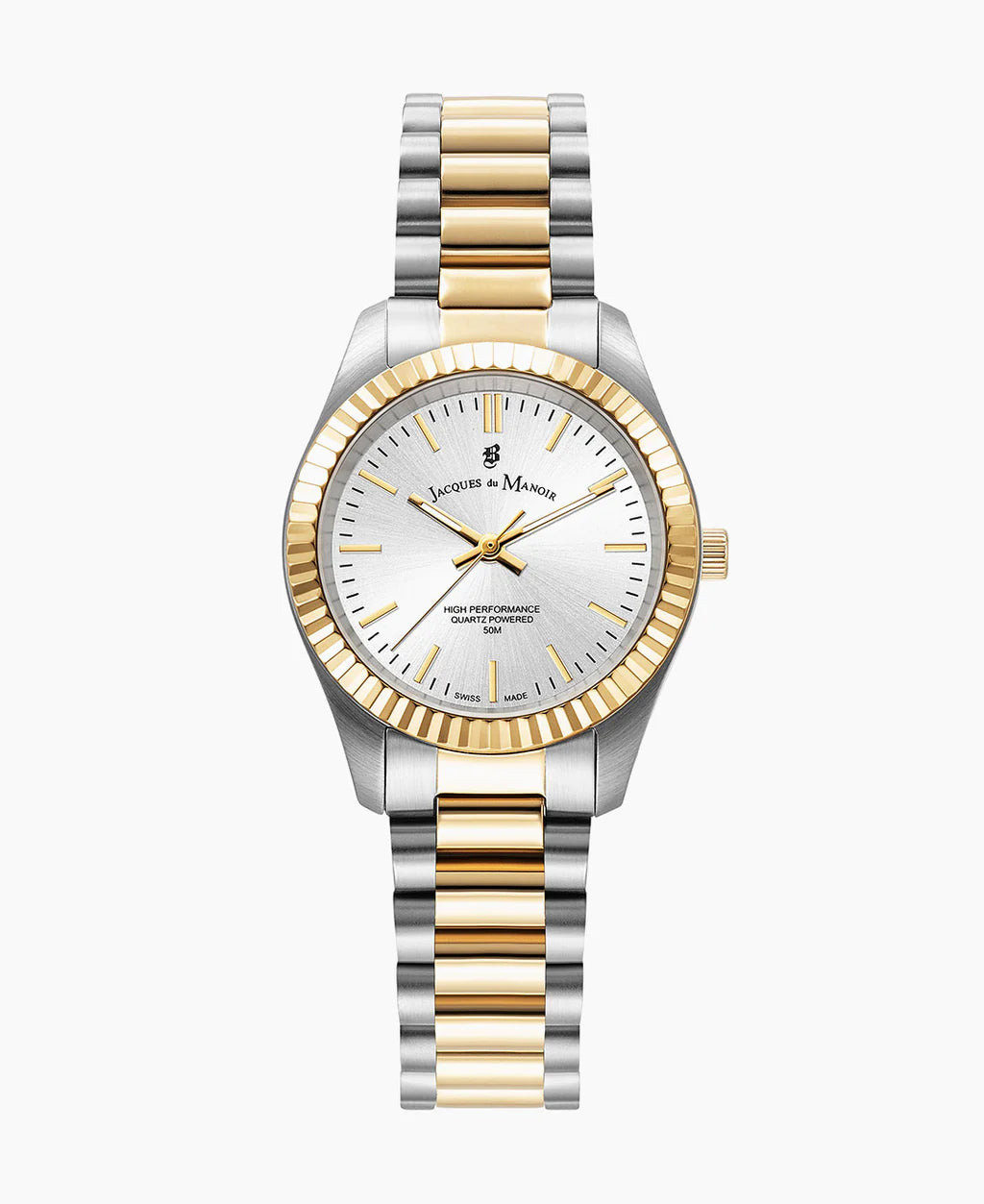 Stalen horloge met een zilveren wijzerplaat, gouden lunette en een twee-kleurige schakelband.