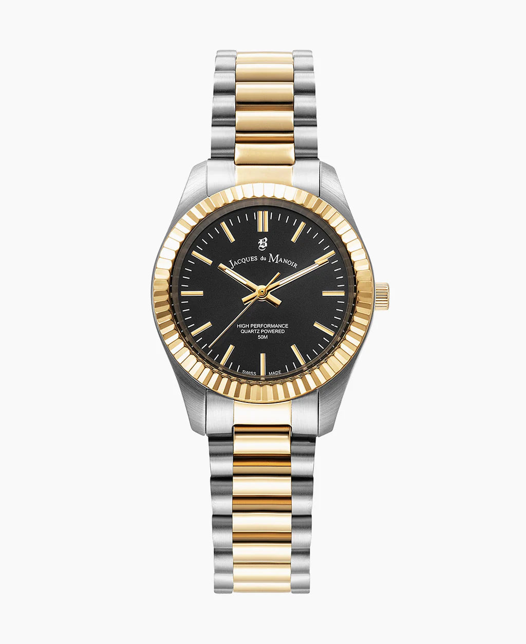 Zilveren horloge met gouden lunette en zwarte wijzerplaat, voorzien van een schakelband in twee kleuren.