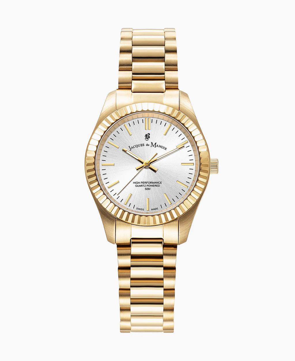 Gouden horloge met een zilveren wijzerplaat, een geschroefde bezel en een schakelband.