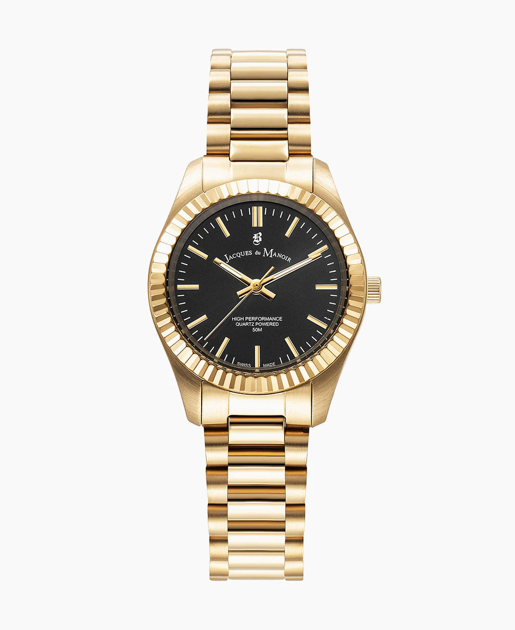 Gouden horloge met zwarte wijzerplaat en een schakelband van goudkleurig staal.