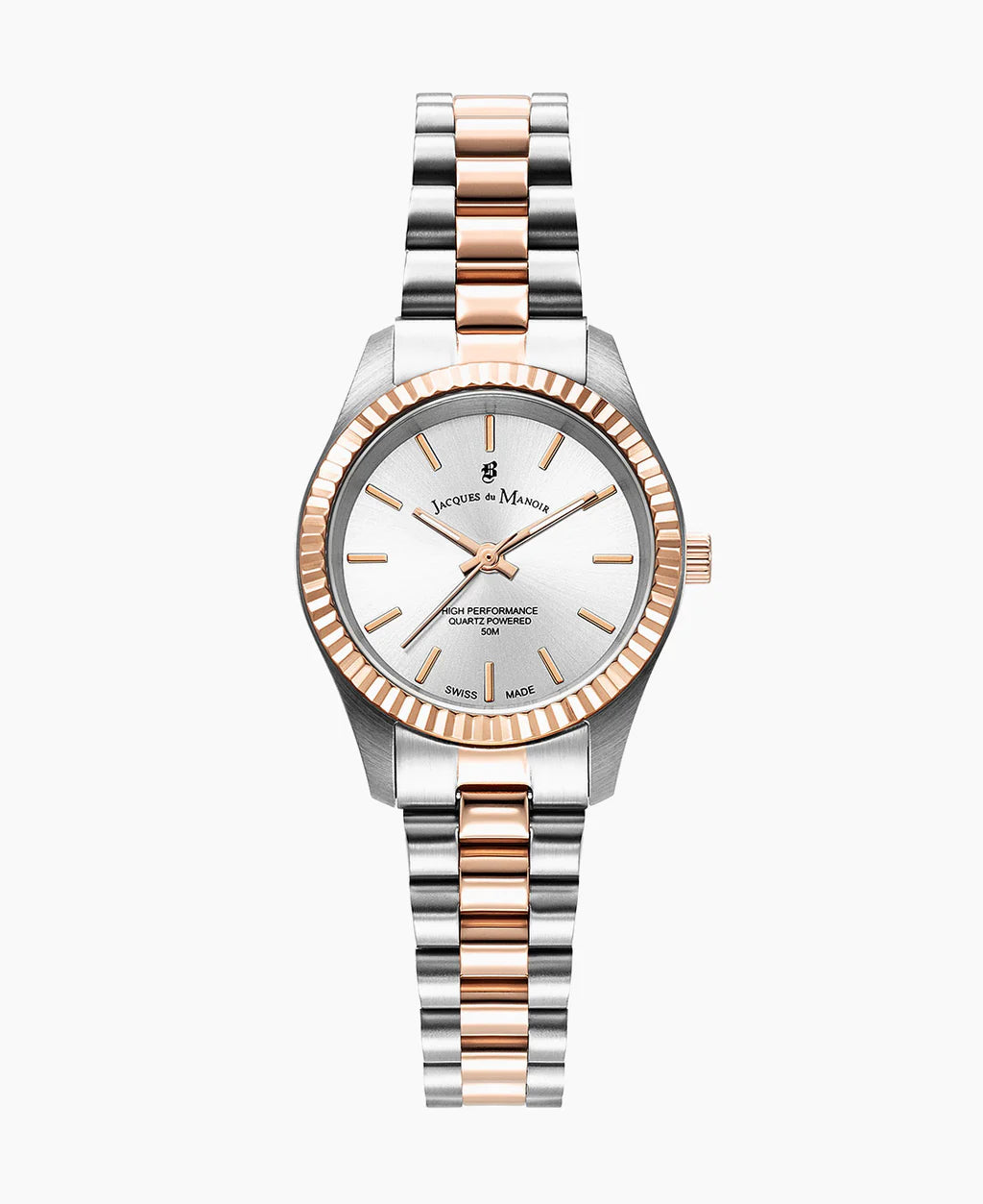 Zilveren horloge met roségouden accenten, een witte wijzerplaat en een geschulpte bezel.