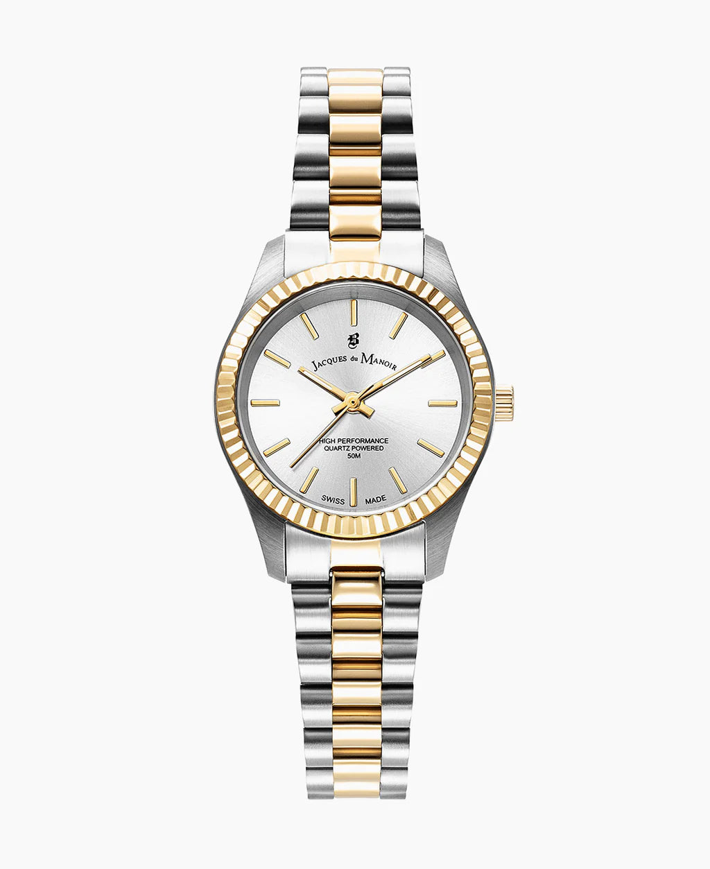 Zilveren horloge met gouden accenten, ronde wijzerplaat en een schakelband in twee kleuren.