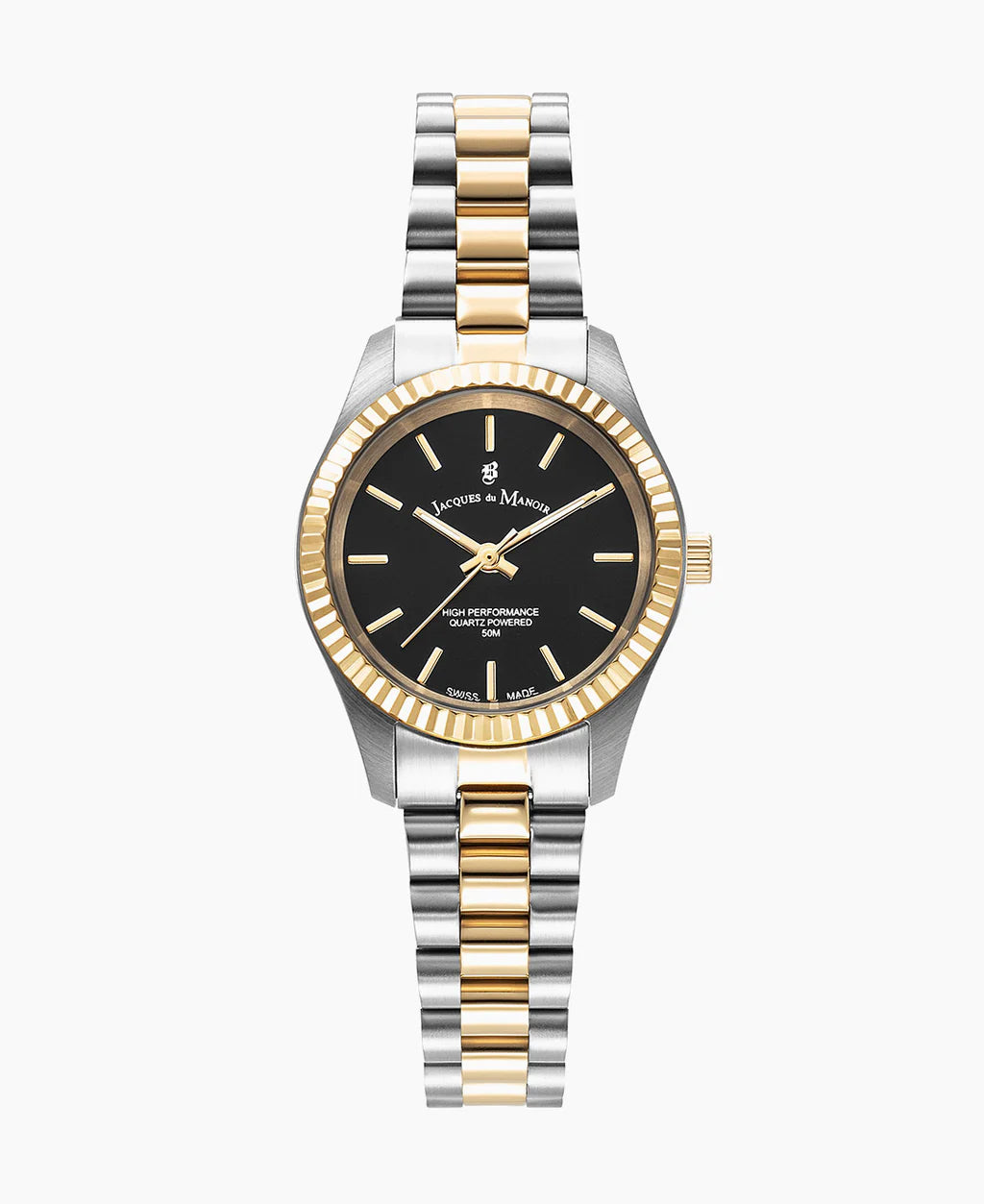 Zilveren en gouden horloge met zwarte wijzerplaat en een geschroefde bezel.