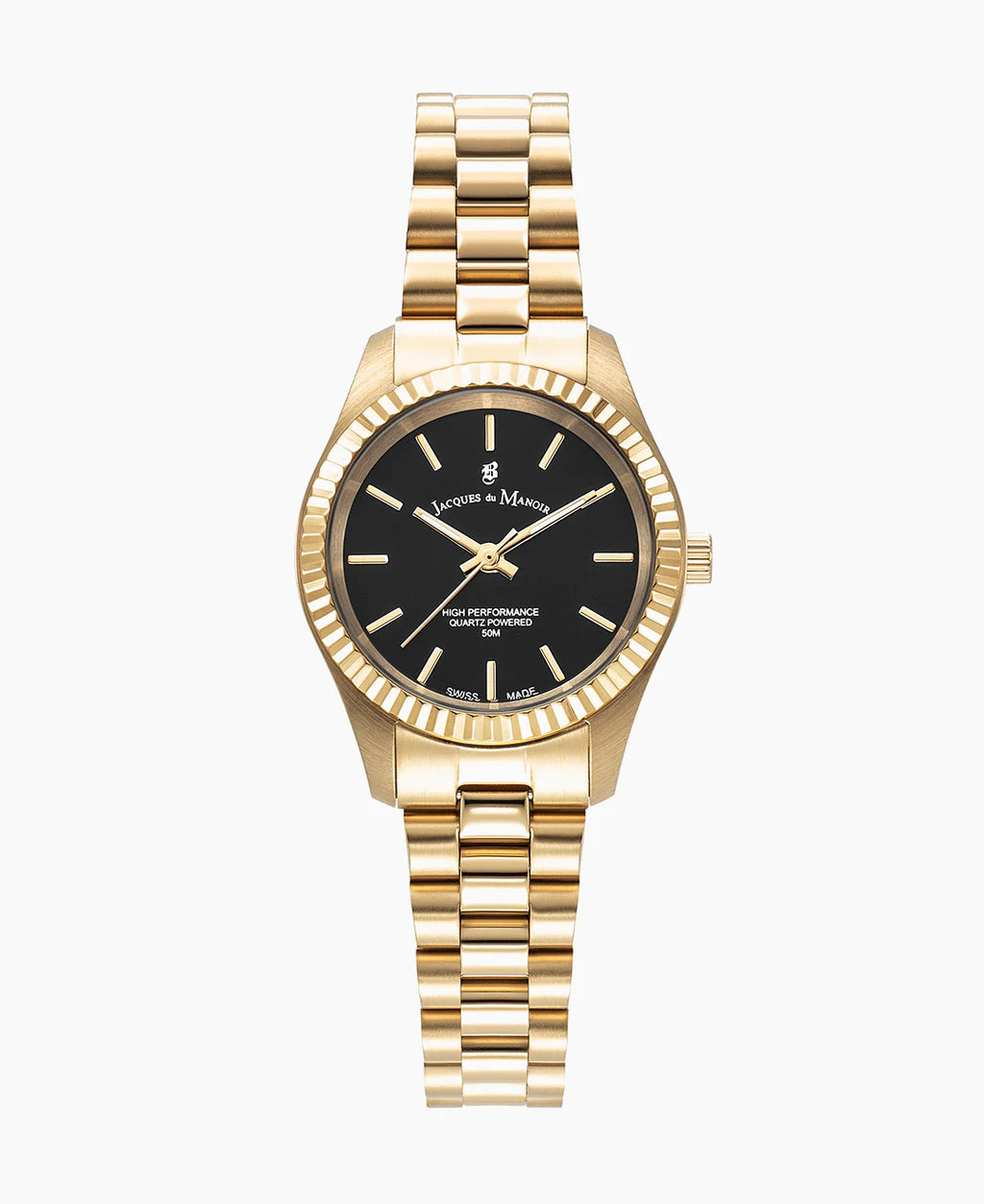 Gouden horloge met zwarte wijzerplaat en schakelband, voorzien van een gefacetteerde bezel.
