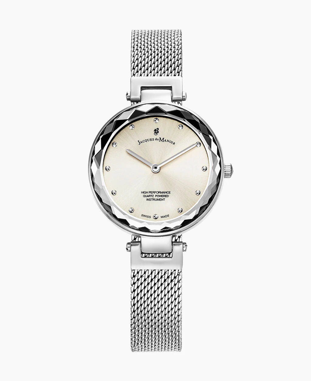 Zilveren horloge met mesh-band, ronde wijzerplaat en diamantvormige bezel.