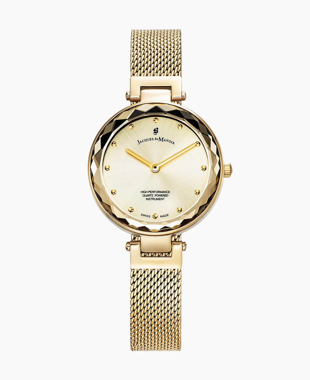 Gouden horloge met mesh-band, ronde wijzerplaat en steentjes als indexmarkeringen.
