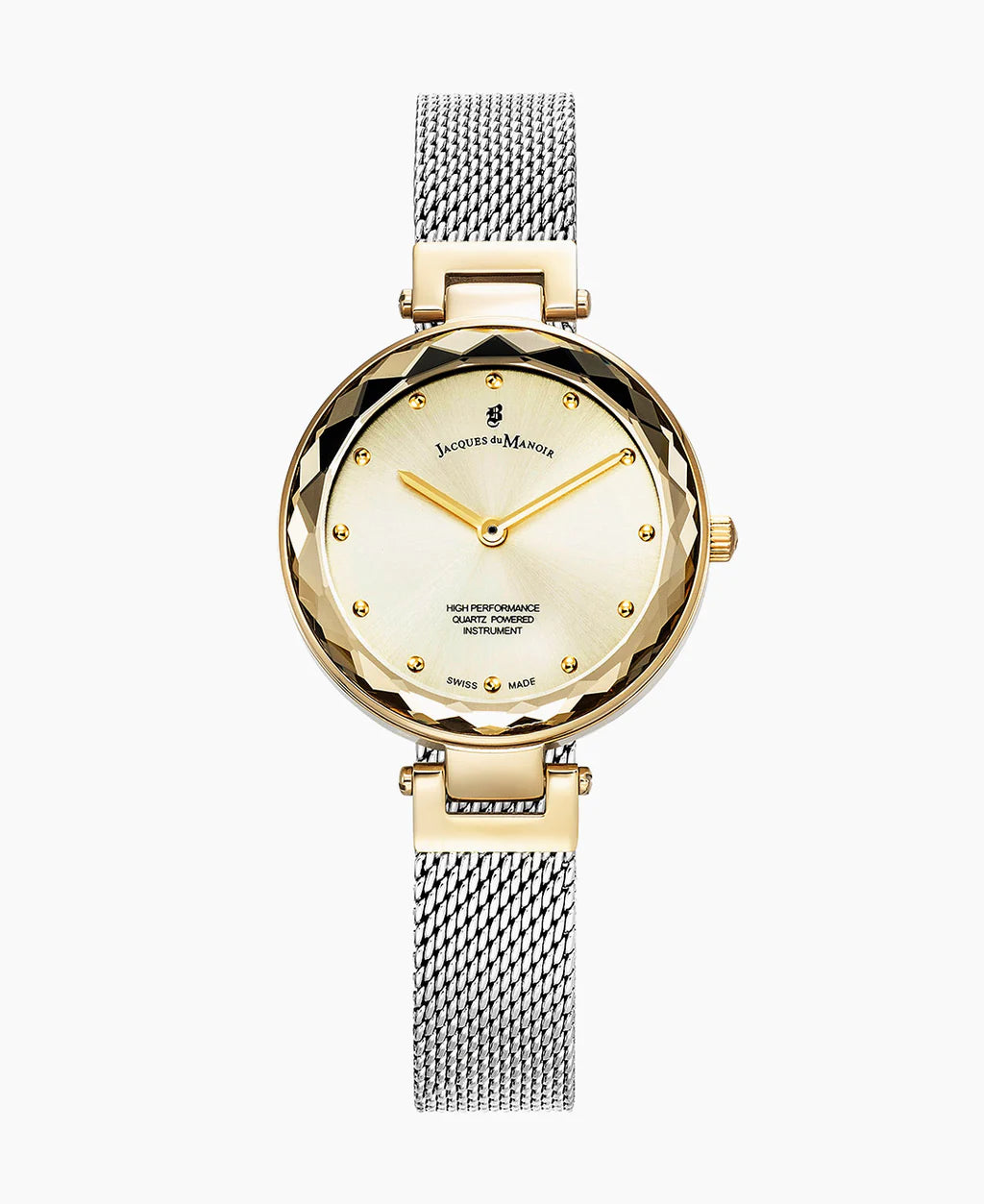 Gouden horloge met een ronde wijzerplaat, mesh-band en gouden details.