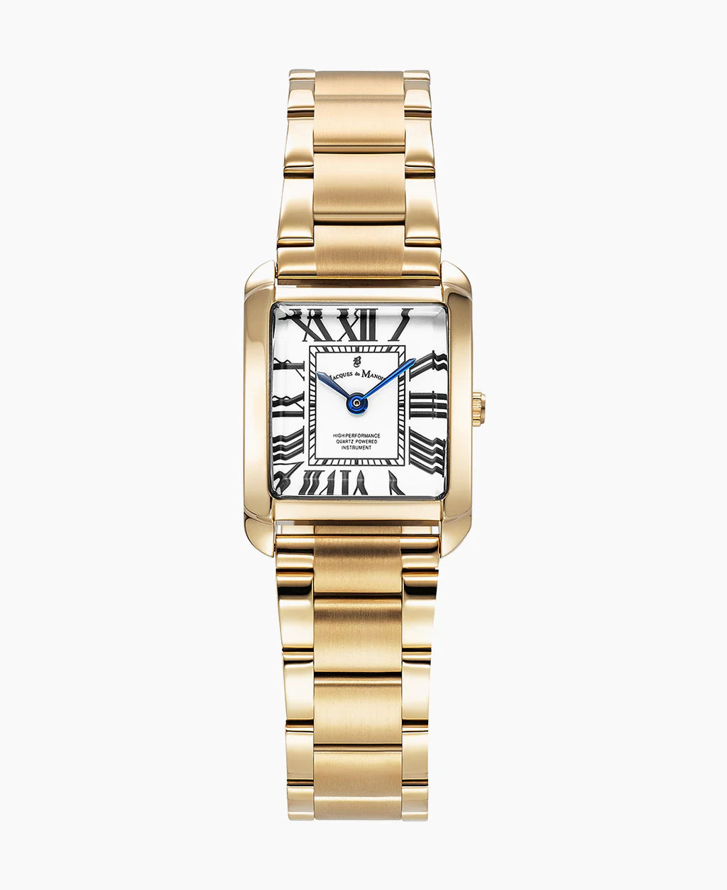 De Emily van Jacques Du Manoir is een gouden dameshorloge met een rechthoekige wijzerplaat, blauwe wijzers, zwarte vervormde Romeinse cijfers op een witte wijzerplaat en een gepolijste goudkleurige band voor een elegante afwerking.