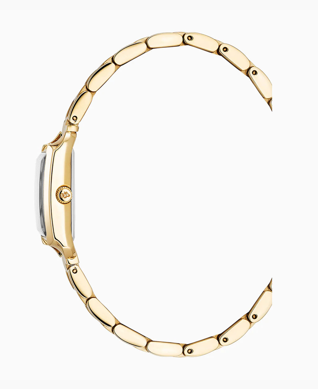 Zijaanzicht van het Jacques Du Manoir Emily gouden dameshorloge, met een slank profiel met zichtbare kroon en geschakelde armband, tegen een witte achtergrond.