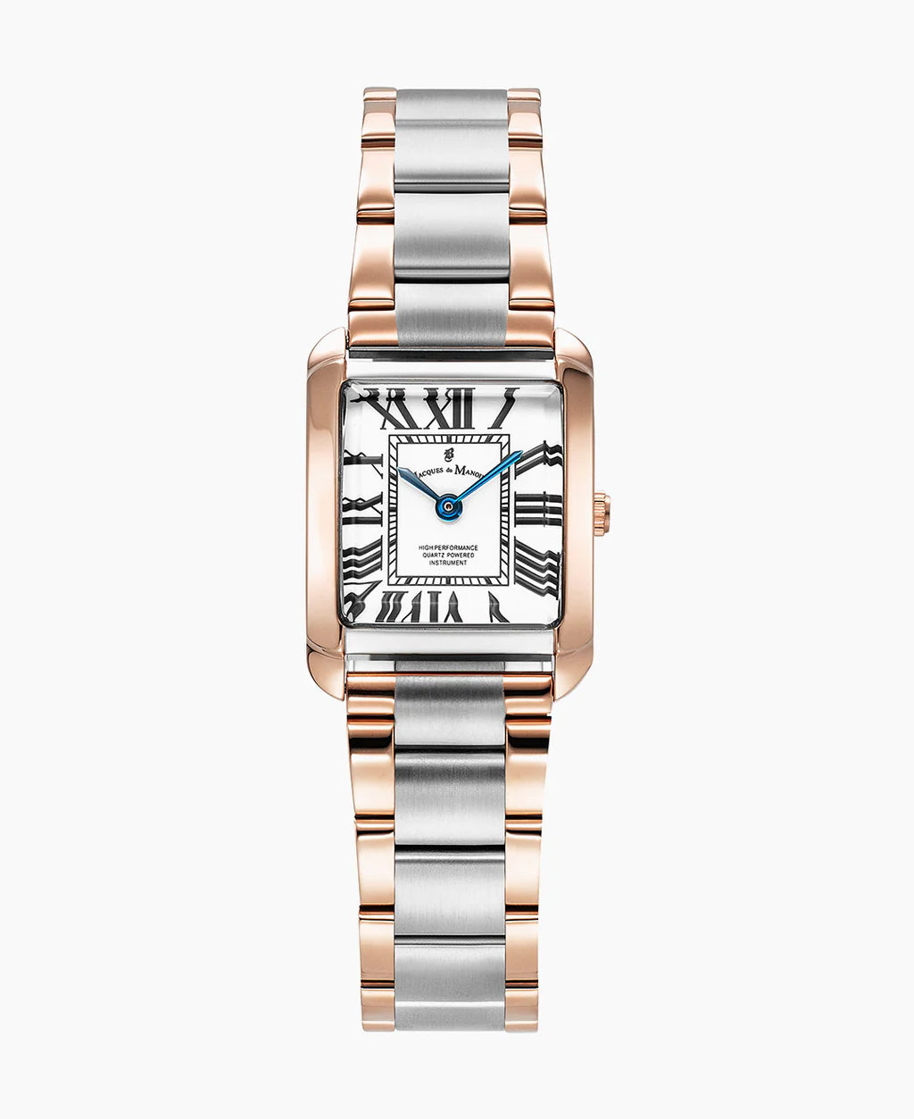 Roségouden horloge met rechthoekige kast, witte wijzerplaat met Romeinse cijfers en een zilveren en roségouden schakelband.