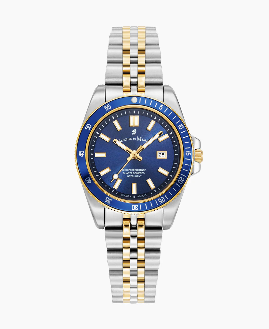 Zilveren horloge met blauwe wijzerplaat, gouden details en een schakelband in twee kleuren.